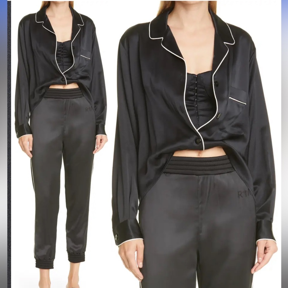 RtA Claudia long sleeve high-low silk top; black & white